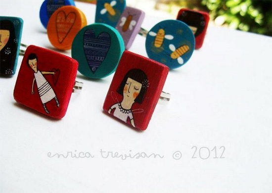 Handmade and hand painted rings by Enrica Trevisan  Hand painted by Enrica Trevisan